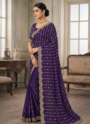 Violet Color Zari Work And Stone Work  Vichitra art silk saree 3