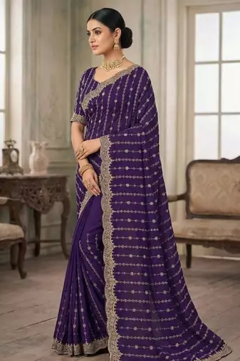 Violet Color Zari Work And Stone Work  Vichitra art silk saree
