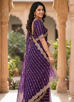 Violet Color Zari Work And Stone Work  Vichitra art silk saree 4
