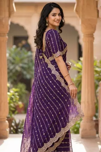 Violet Color Zari Work And Stone Work  Vichitra art silk saree