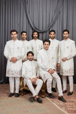 Cream computer thread work on art silk indo western for men 1
