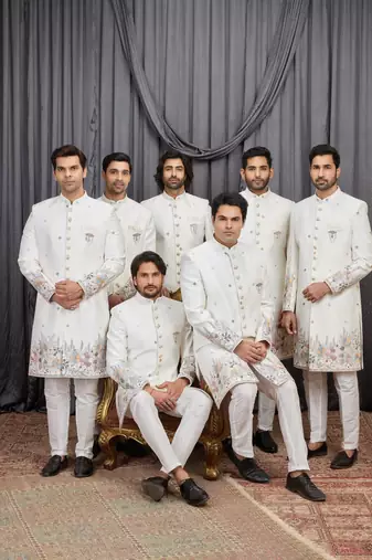 Cream computer thread work on art silk indo western for men