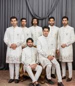 Cream computer thread work on art silk indo western for men