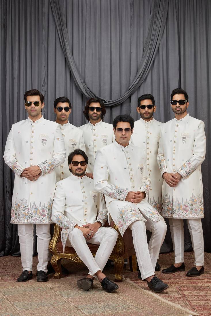 Cream computer thread work on art silk indo western for men