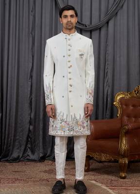 Cream computer thread work on art silk indo western for men 3