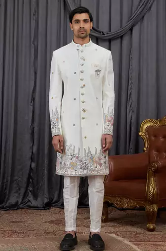 Cream computer thread work on art silk indo western for men
