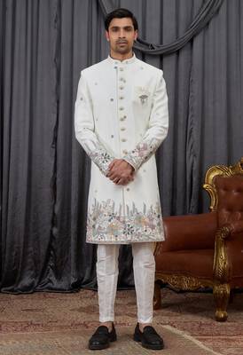 Cream computer thread work on art silk indo western for men 4