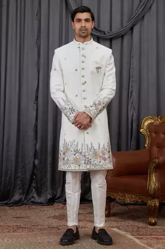 Cream computer thread work on art silk indo western for men