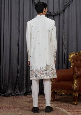 Cream computer thread work on art silk indo western for men 5