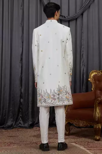 Cream computer thread work on art silk indo western for men