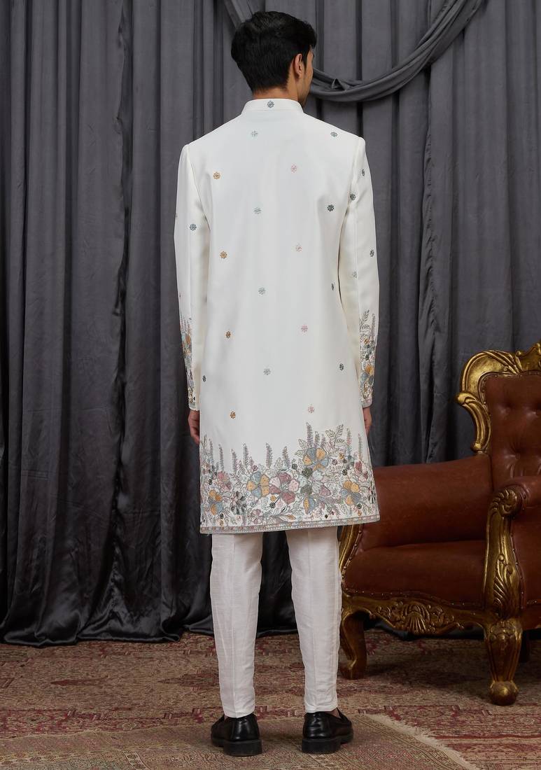 Cream computer thread work on art silk indo western for men