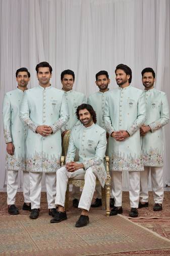 Pista green computer thread work on art silk indo western for men