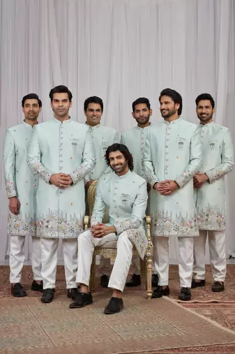 Pista green computer thread work on art silk indo western for men