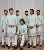 Pista green computer thread work on art silk indo western for men