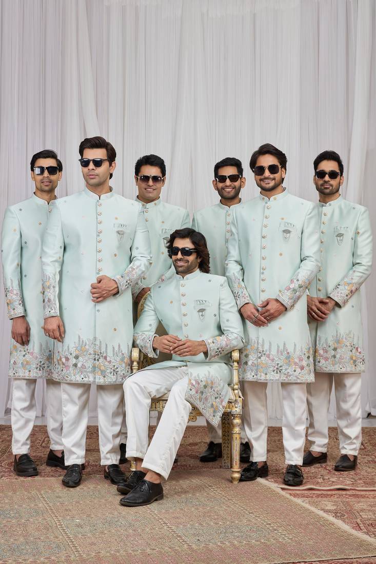 Pista green computer thread work on art silk indo western for men