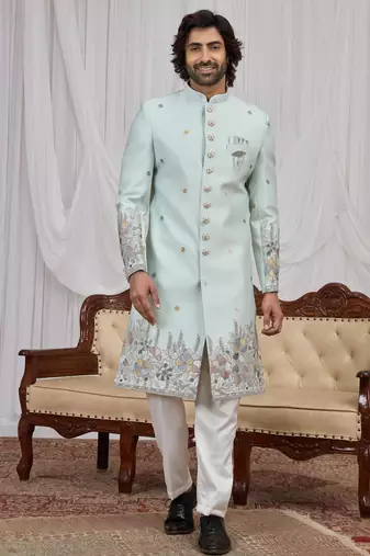 Pista green computer thread work on art silk indo western for men