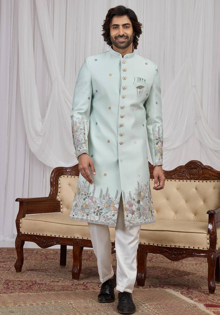 Pista green computer thread work on art silk indo western for men