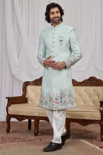 Pista green computer thread work on art silk indo western for men