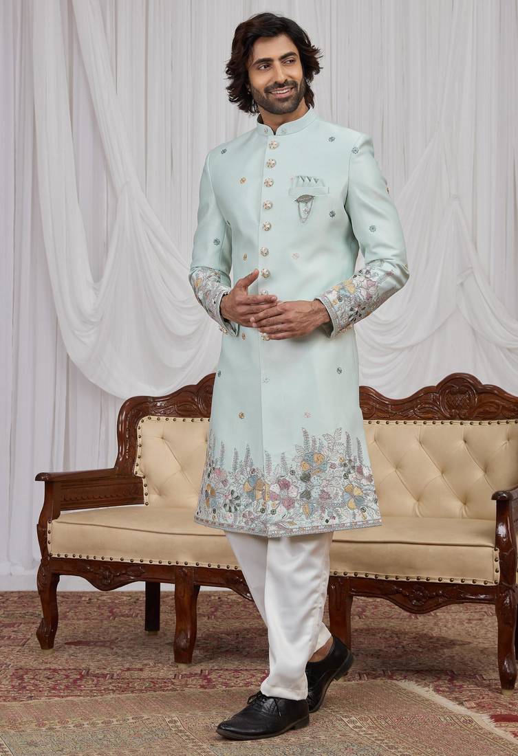 Pista green computer thread work on art silk indo western for men