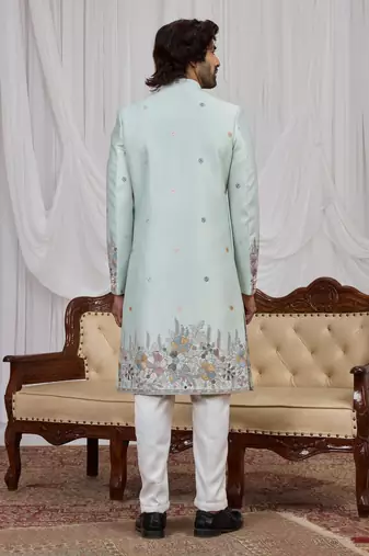 Pista green computer thread work on art silk indo western for men