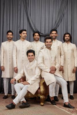 Beige jacquard indo western for men 1