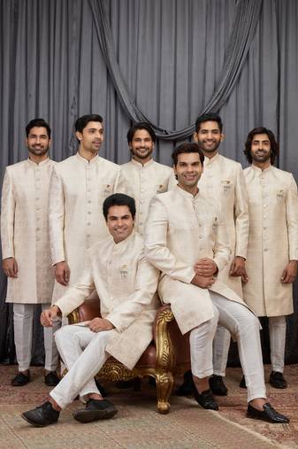 Beige jacquard indo western for men