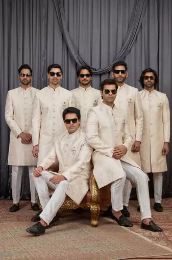 Beige jacquard indo western for men