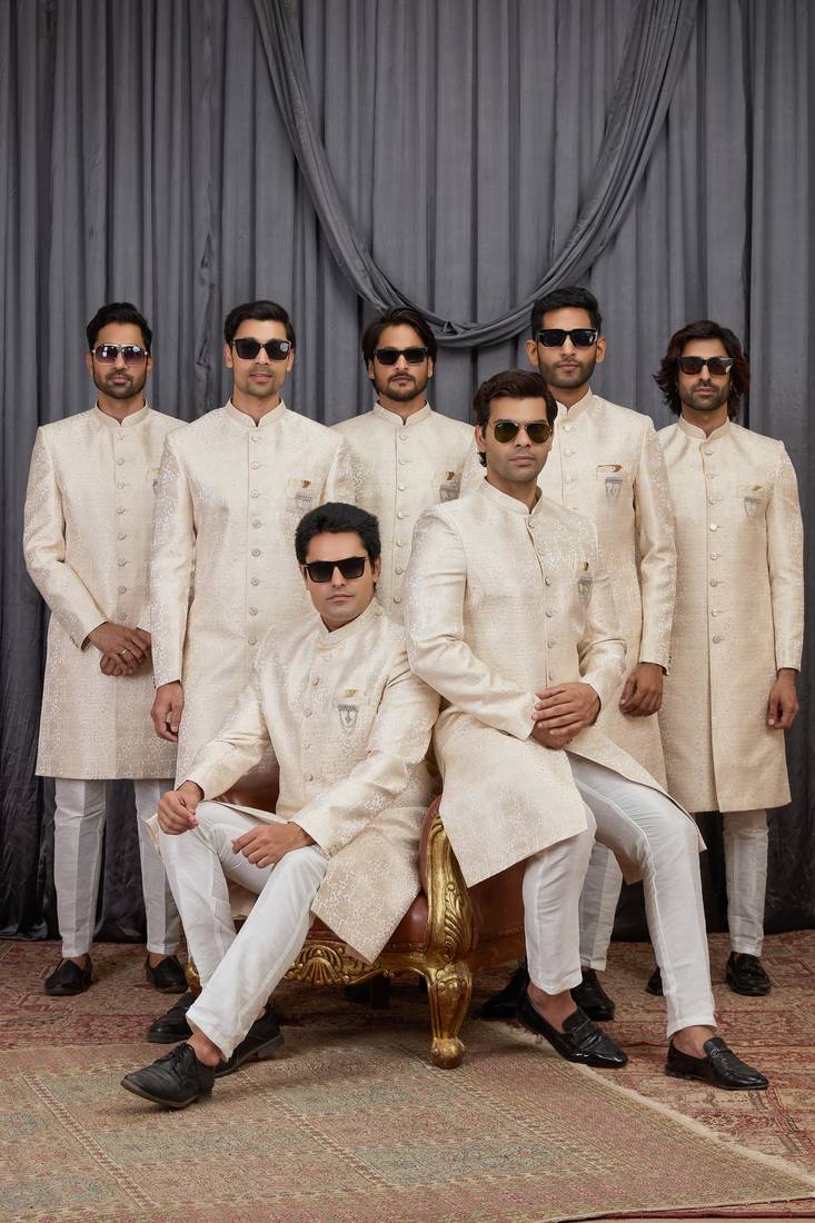 Beige jacquard indo western for men