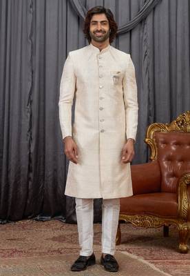 Beige jacquard indo western for men 3
