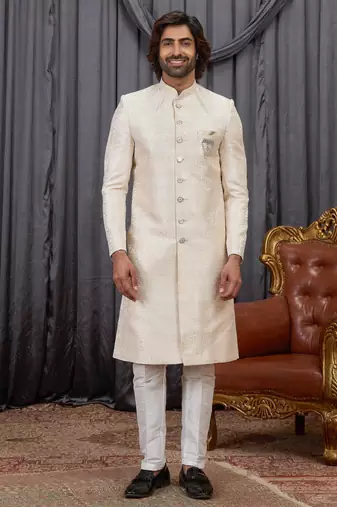 Beige jacquard indo western for men