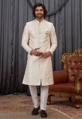 Beige jacquard indo western for men 4