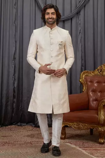 Beige jacquard indo western for men