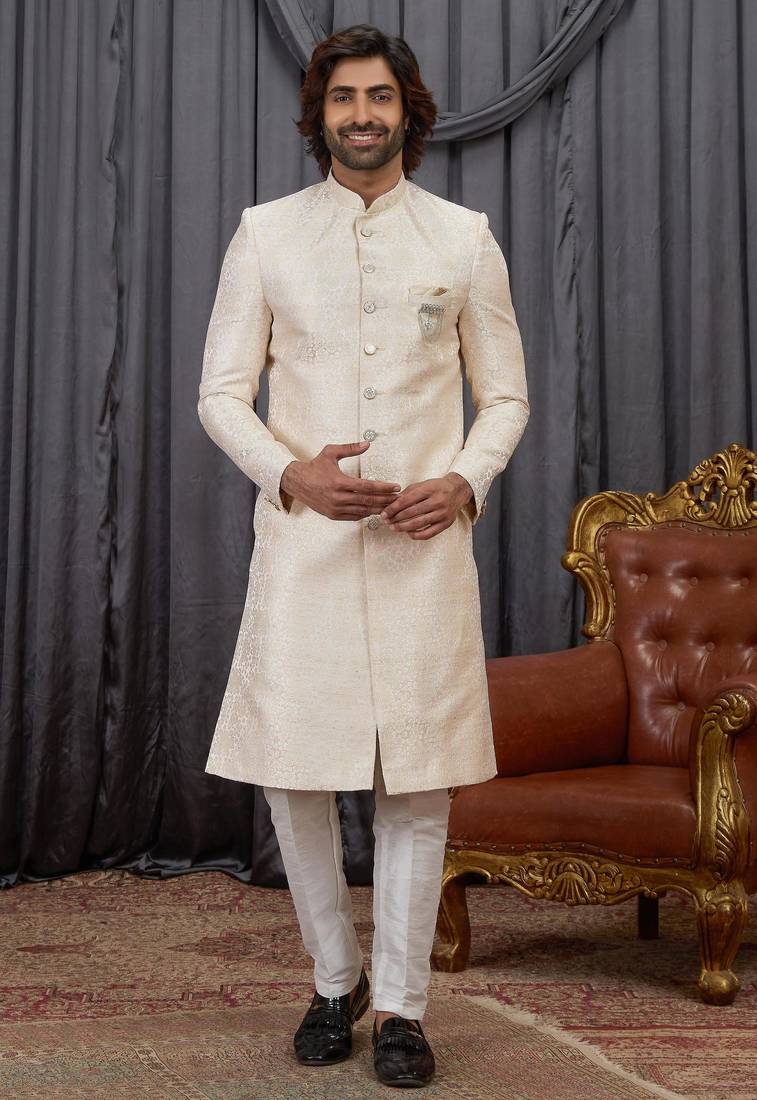 Beige jacquard indo western for men