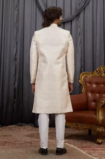 Beige jacquard indo western for men
