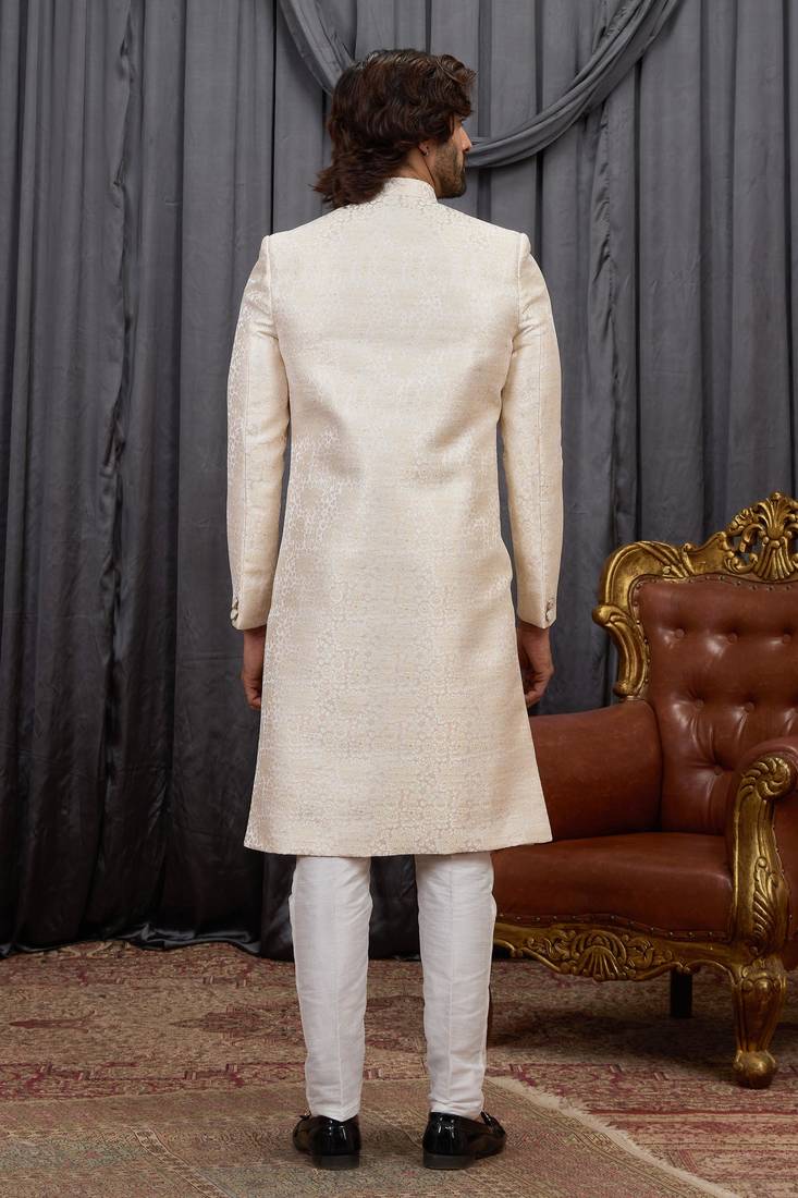 Beige jacquard indo western for men