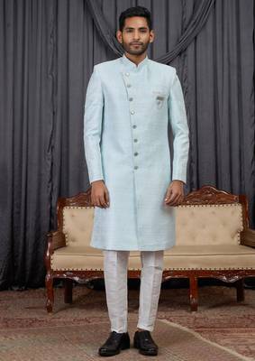 Blue jacquard indo western for men 3