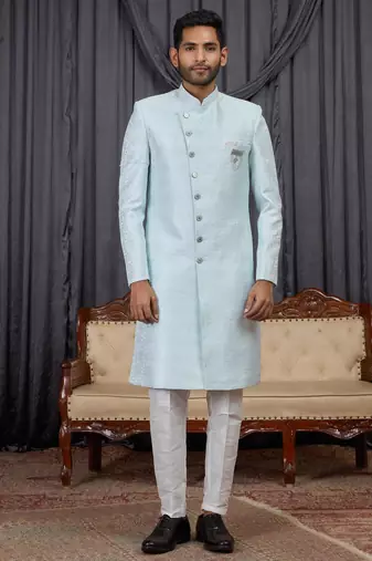 Blue jacquard indo western for men