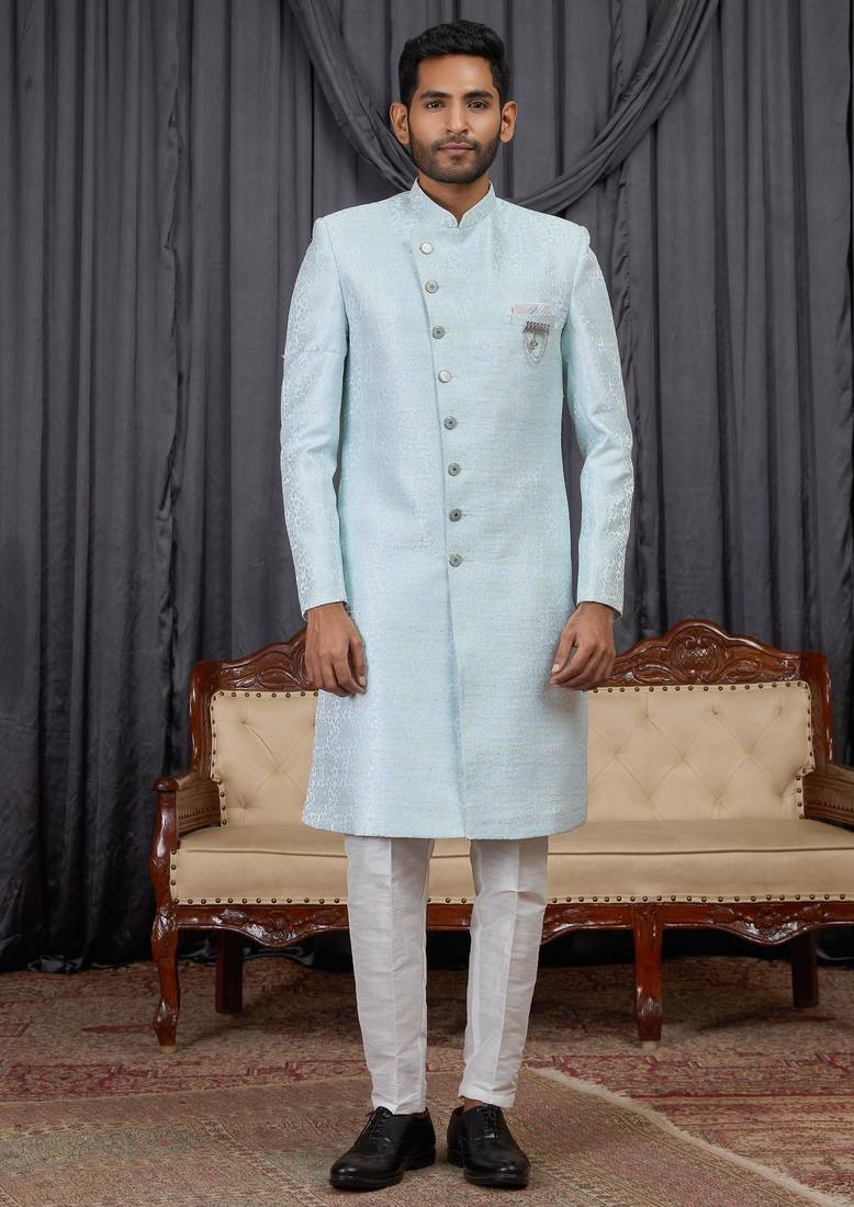 Blue jacquard indo western for men