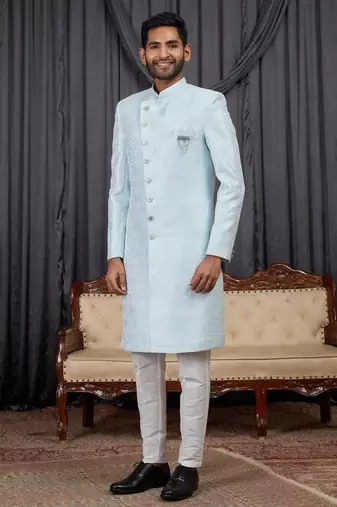 Blue jacquard indo western for men