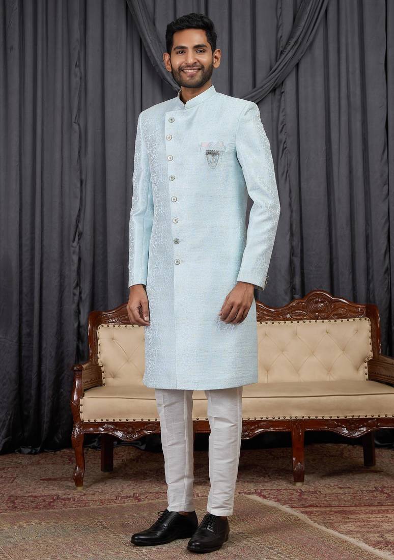 Blue jacquard indo western for men