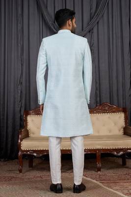 Blue jacquard indo western for men 5