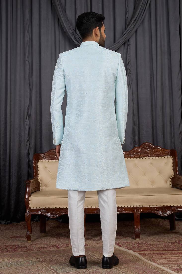 Blue jacquard indo western for men