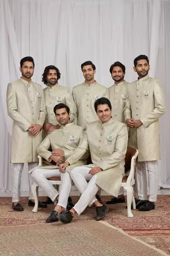 Green jacquard indo western for men