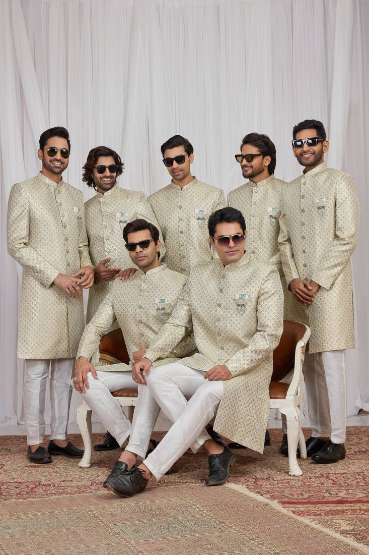 Green jacquard indo western for men