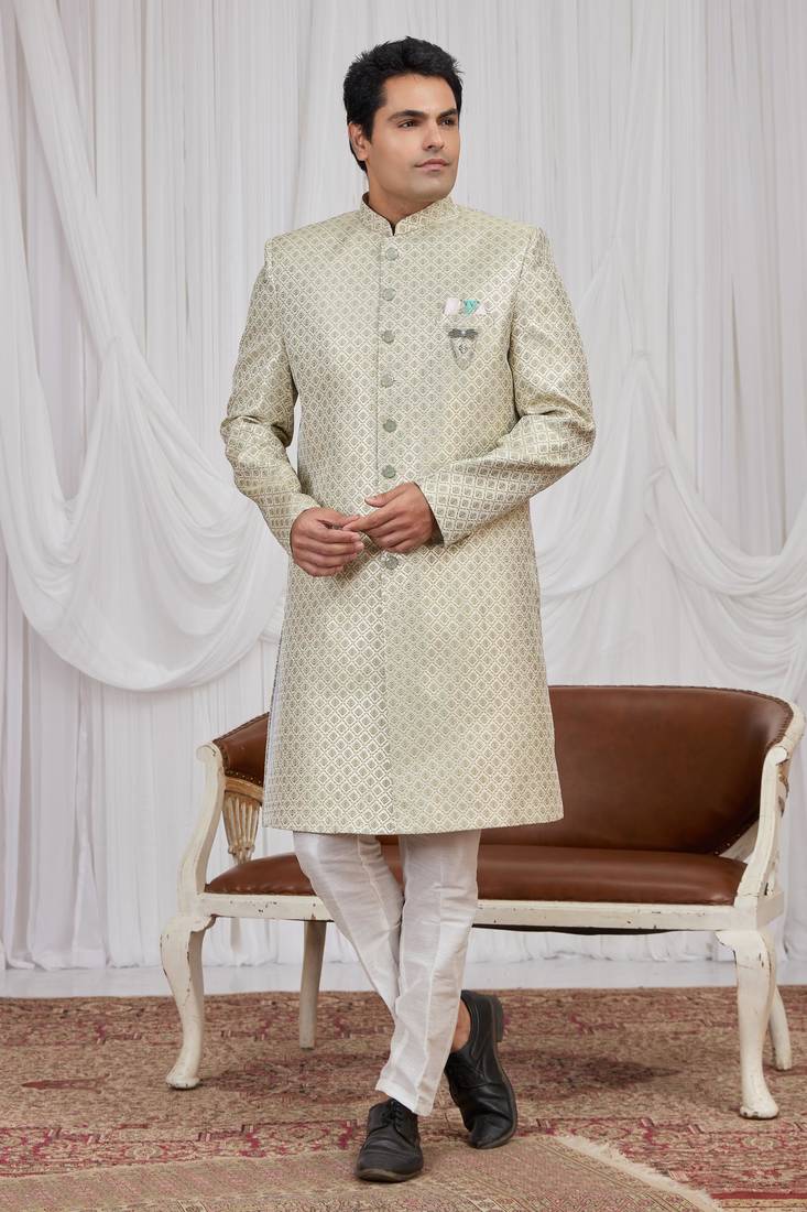 Green jacquard indo western for men