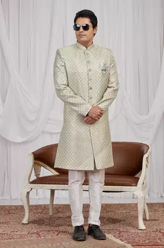 Green jacquard indo western for men