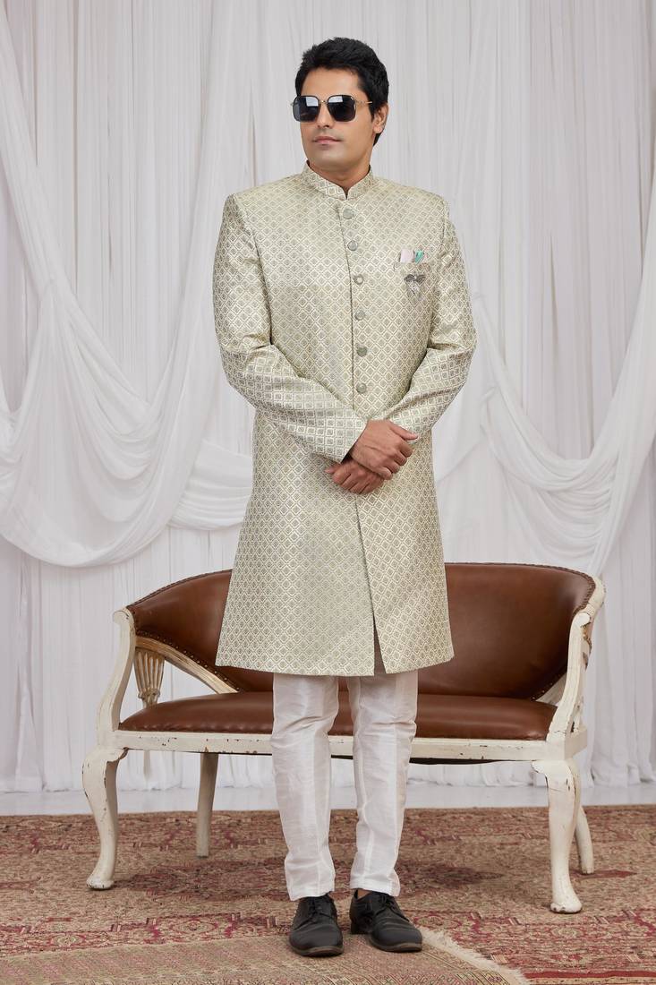 Green jacquard indo western for men