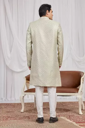 Green jacquard indo western for men