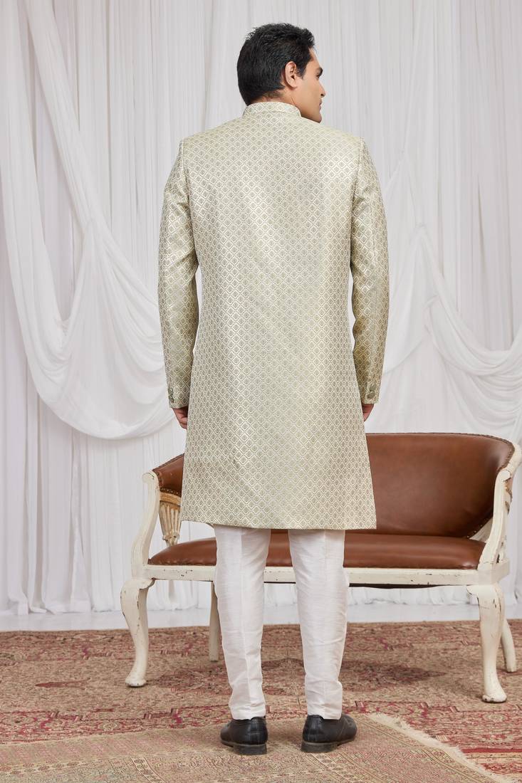 Green jacquard indo western for men