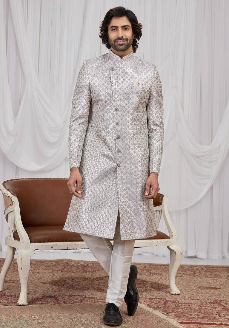 Purple jacquard indo western for men